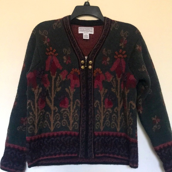 Newton Trading 100% Wool Zip Up Floral Print Cardigan - Picture 1 of 10